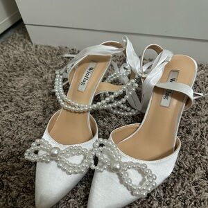 White Satin Women's Shoes with Pearl Embellishments